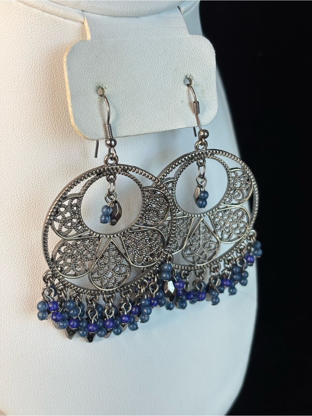 Silver Filigree Hoop Earrings with Blue Bead Fringe